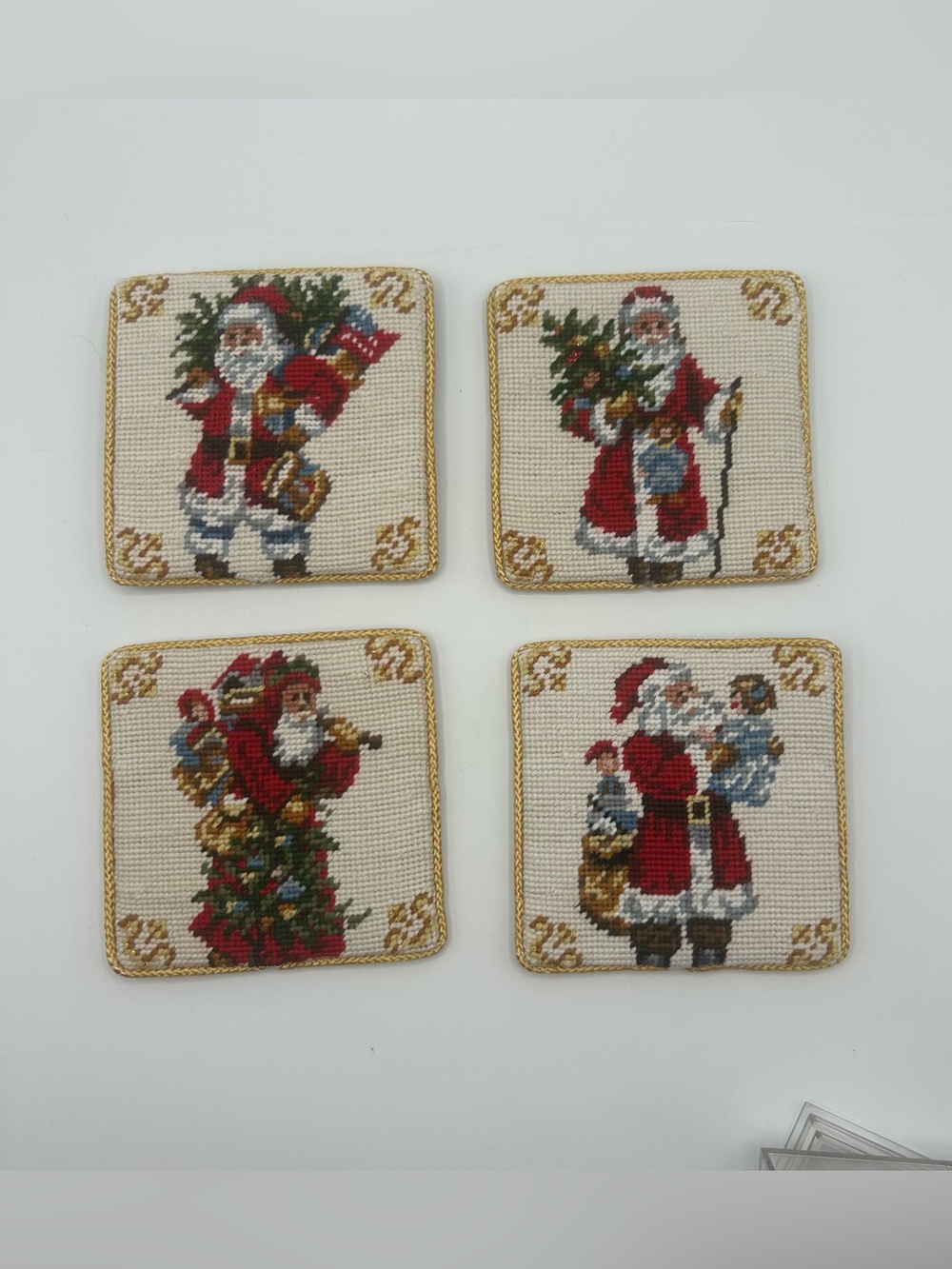 Vtg Christmas Needlepoint Victorian Santa Claus Drink Coaster Set of 4 w Case